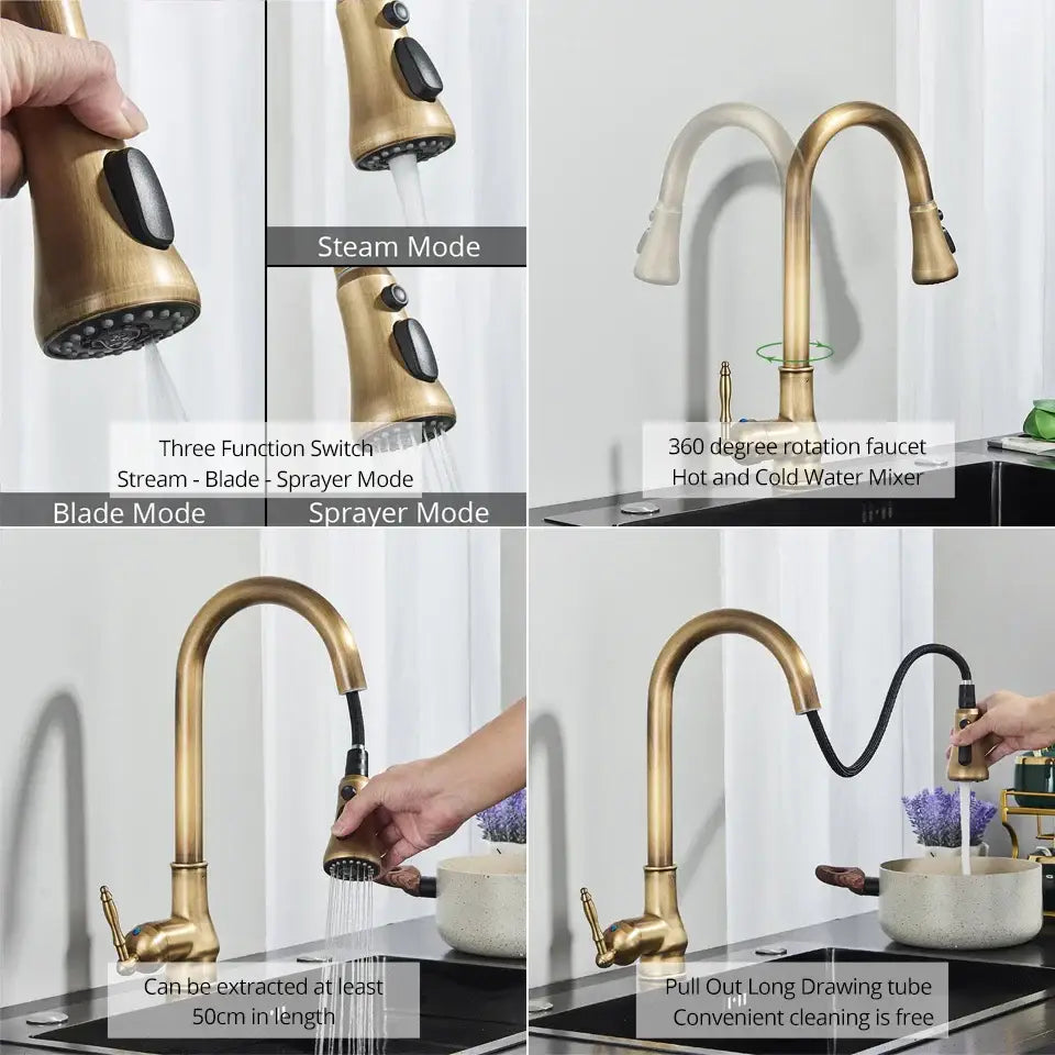 Decorbites antique brass kitchen faucet with pull-out spray head and three function switch for stream blade and sprayer modes