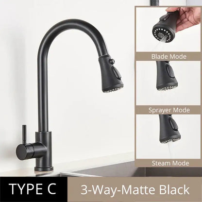 Matte black kitchen faucet with curved spout and pull-out spray head offers three flow modes for antique brass kitchen use