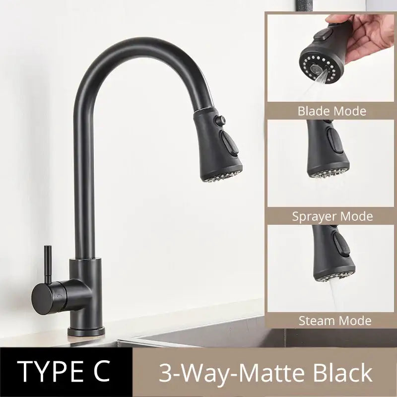Matte black kitchen faucet with curved spout and pull-out spray head offers three flow modes for antique brass kitchen use