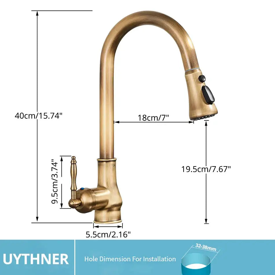DecorBites antique brass kitchen faucet with curved spout pull-down spray head and 360 rotation brass kitchen faucet