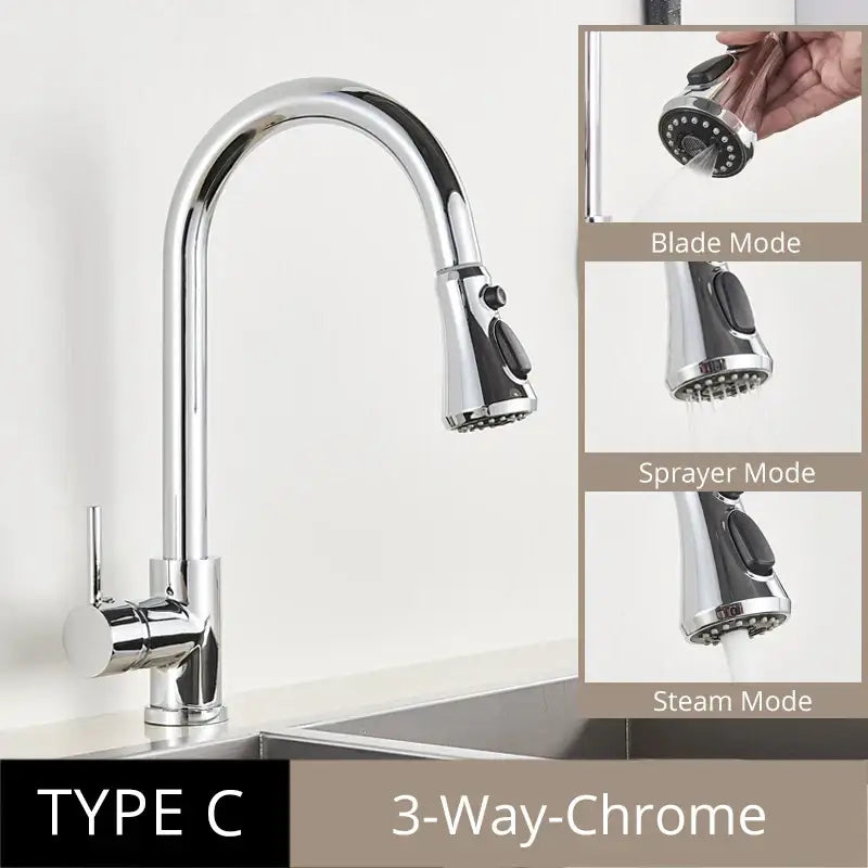 Chrome finished kitchen faucet with sleek curved spout and pull out spray head showcasing brass kitchen faucet features