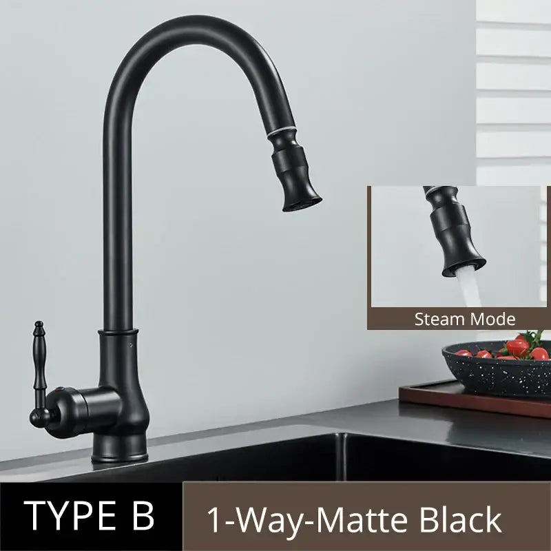 Matte black kitchen faucet with curved spout single handle and steam mode nozzle in DecorBites™ antique brass kitchen style