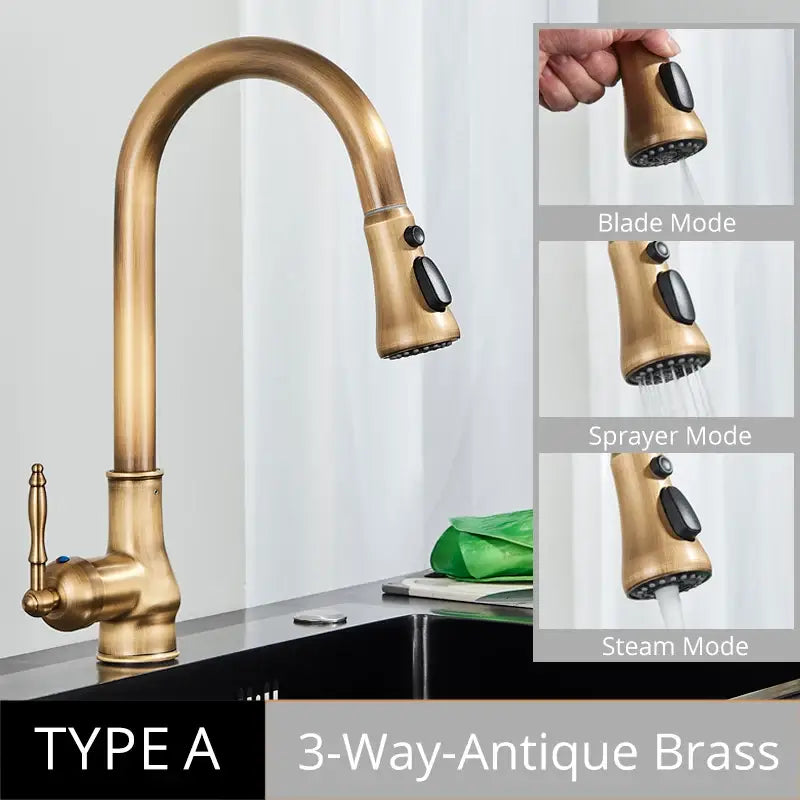 DecorBites™ antique brass kitchen faucet with curved spout pull-down spray and 360 rotation brass kitchen faucet