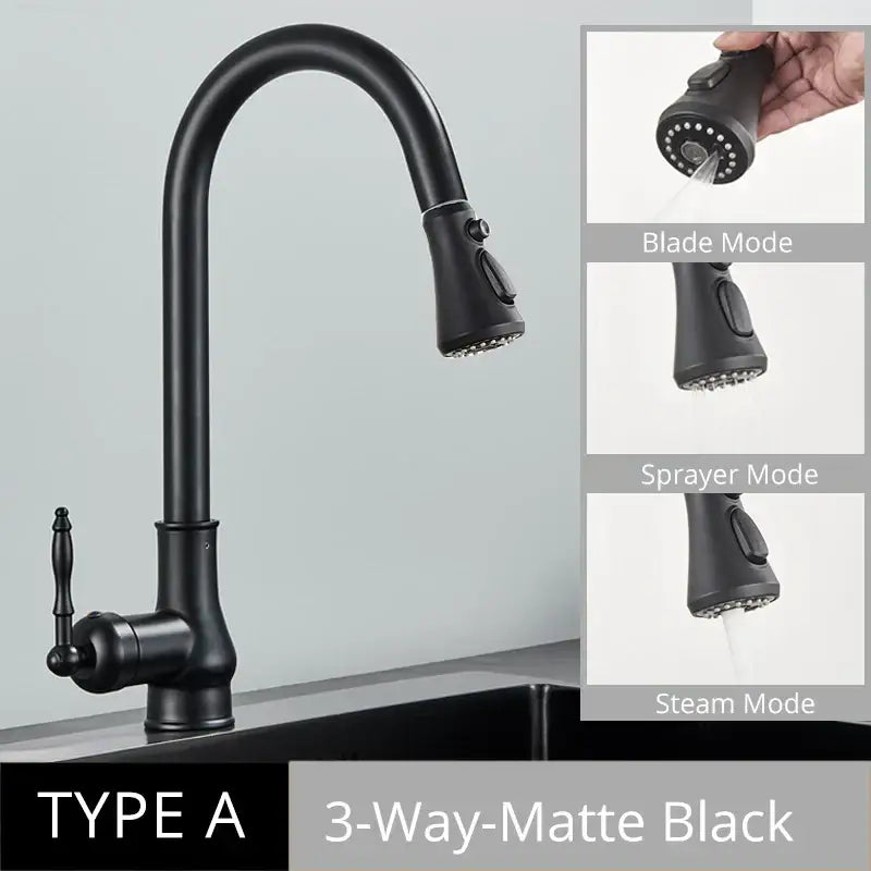 Matte black 3-way kitchen faucet with curved spout and pull-down spray in decorbites antique brass kitchen faucet design