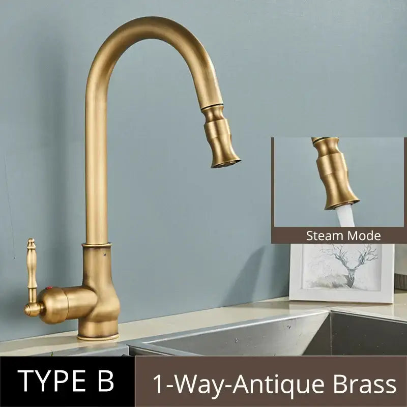 DecorBites™ antique brass kitchen faucet with curved spout single handle and steam mode nozzle 360 rotation brass kitchen faucet
