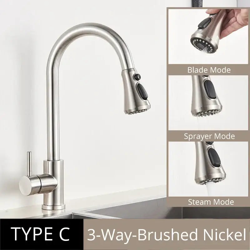 DecorBites™ antique brass kitchen faucet with stainless steel pull out single handle mixer tap and three spray modes
