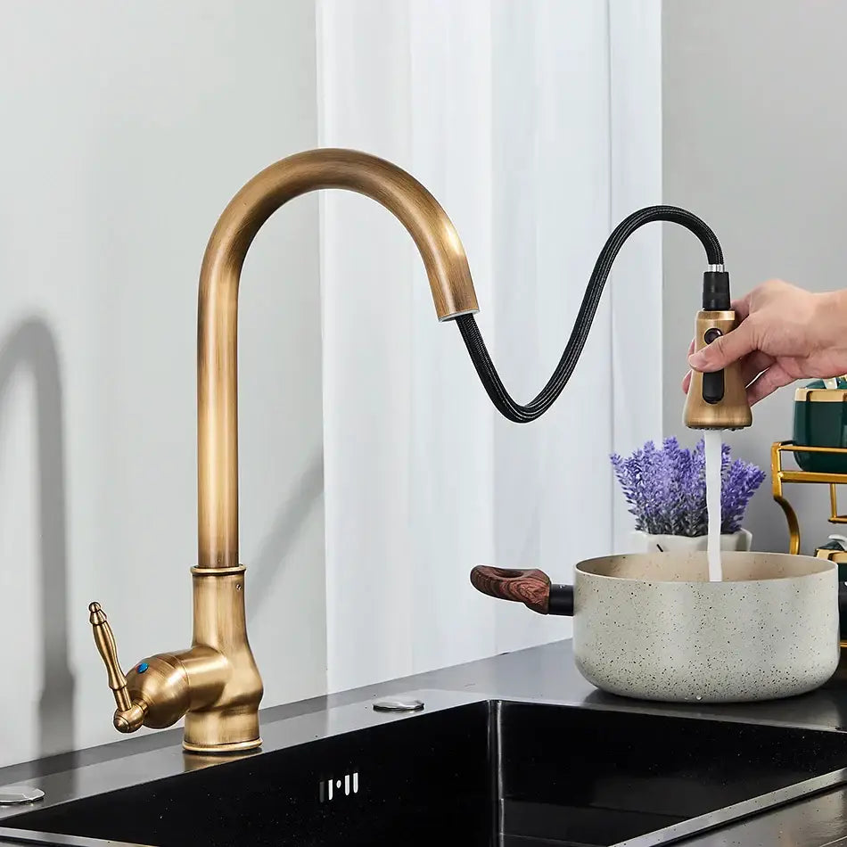 Brass kitchen faucet with flexible black hose and pull-down spray head decorbites antique brass kitchen mixer tap