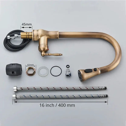 Decorbites antique brass kitchen faucet with pull out spray head curved spout and 360 rotation brass kitchen faucet