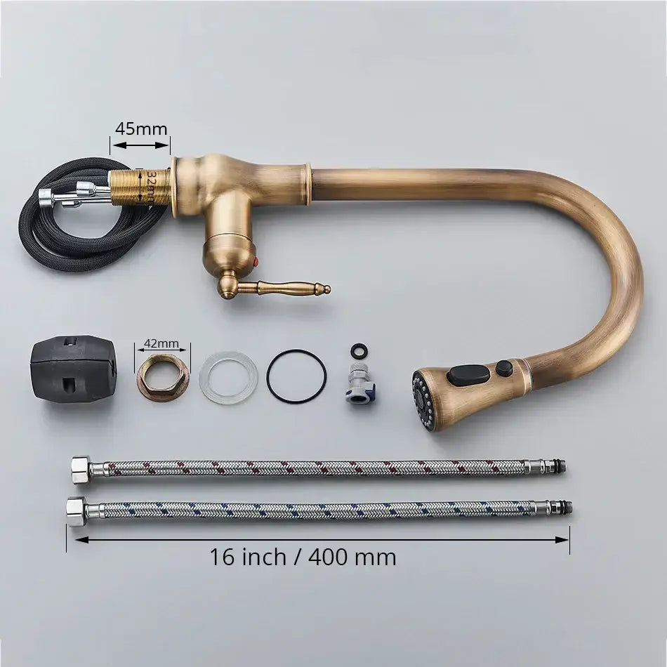 Decorbites antique brass kitchen faucet with pull out spray head curved spout and 360 rotation brass kitchen faucet