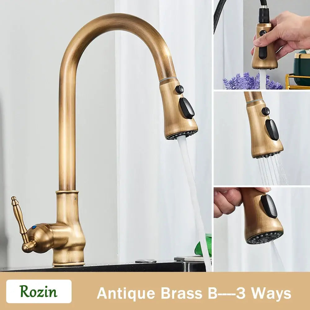 Decorbites antique brass kitchen faucet with curved pull-out spout and black control knobs swivel mixer tap
