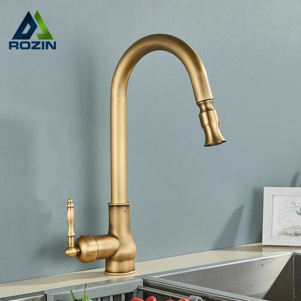Decorbites antique brass kitchen faucet with gold finish high-arc pull-down spout and single lever handle