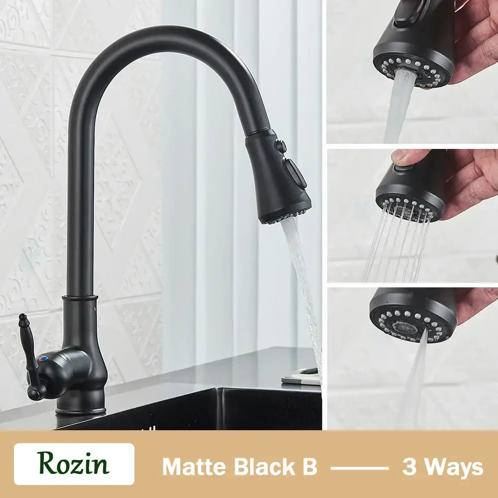 Matte black rozin kitchen faucet with curved spout and pull-down spray head in antique brass kitchen style by decorbites