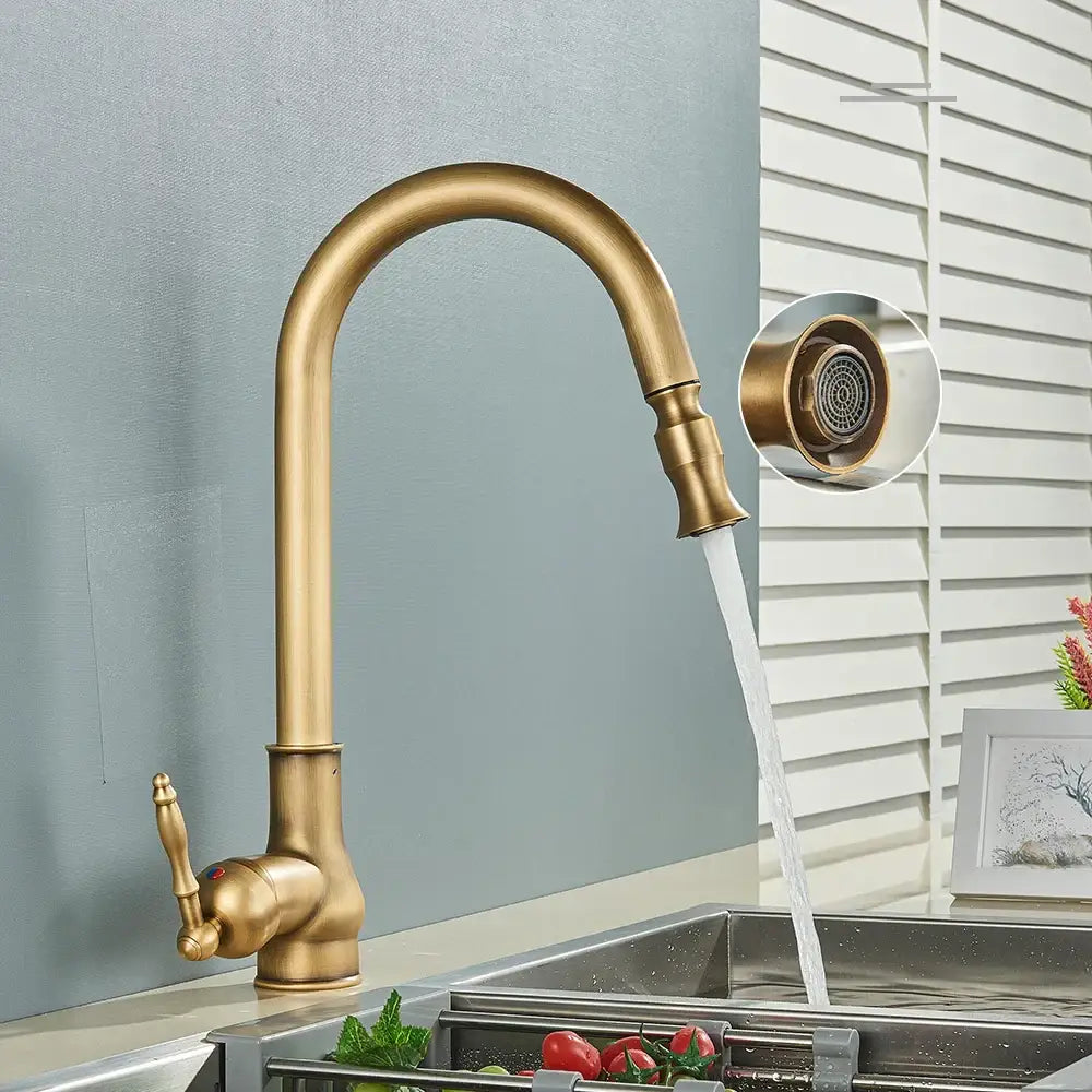Brass-finished antique brass kitchen faucet with curved spout and black swivel pull out lever handle by DecorBites