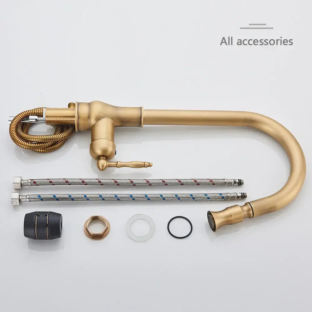 Decorbites antique brass kitchen faucet with curved pull out spout and flexible hose with installation accessories
