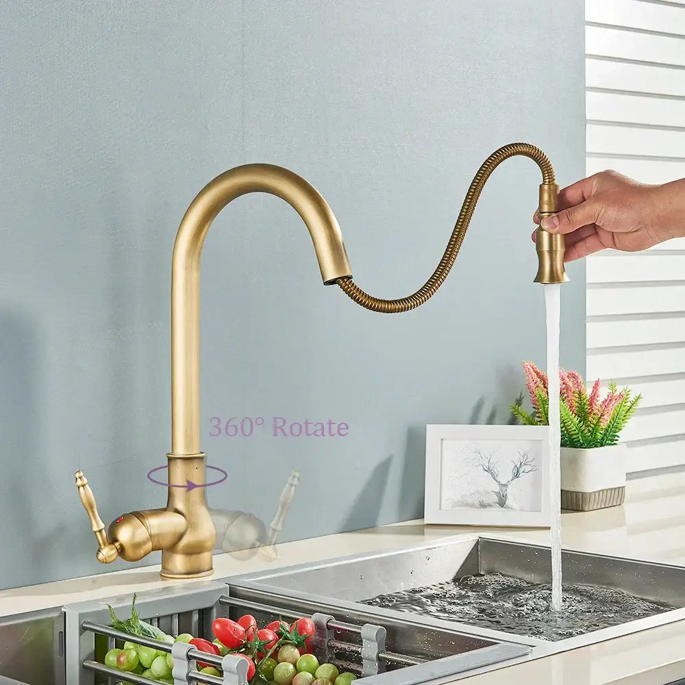 Brass kitchen faucet DecorBites antique brass kitchen faucet with flexible coiled spout and 360-degree rotating base