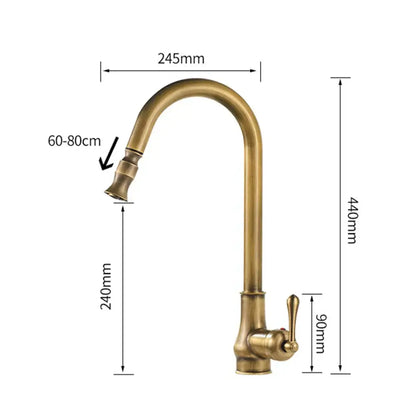 Decorbites antique brass kitchen faucet with swivel curved spout and single lever handle for hot cold mixing