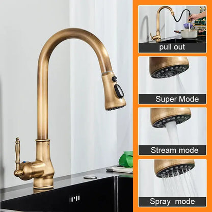 DecorBites antique brass kitchen faucet with pull down swivel spout and multiple spray modes for hot and cold mixer
