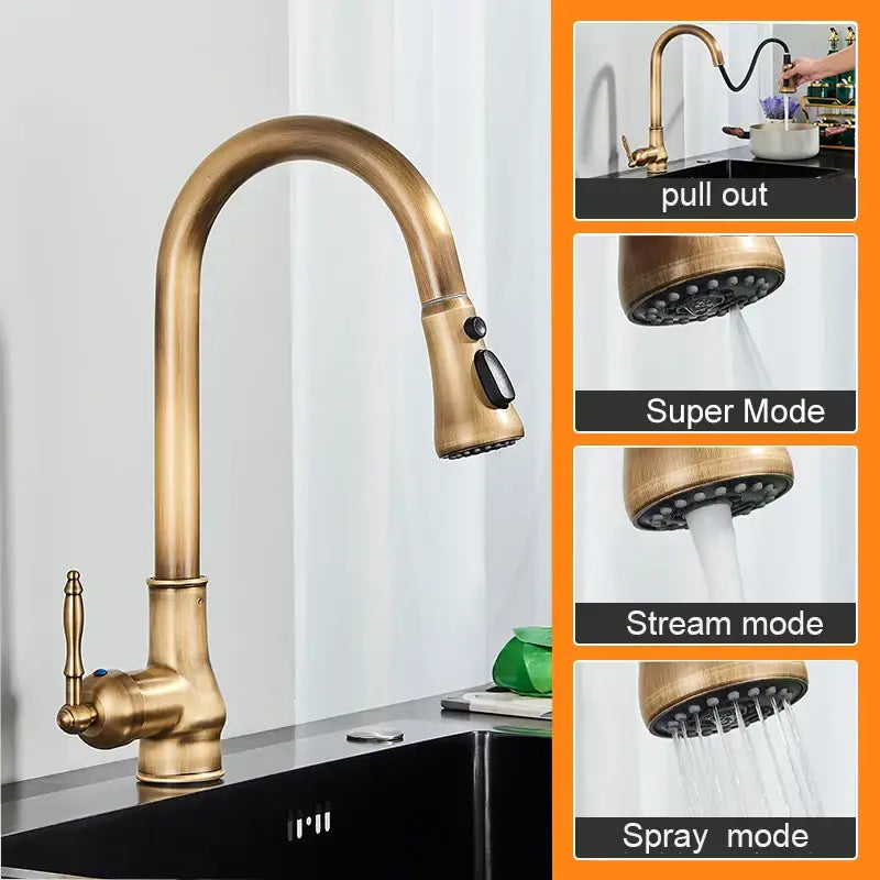 DecorBites antique brass kitchen faucet with pull down swivel spout and multiple spray modes for hot and cold mixer