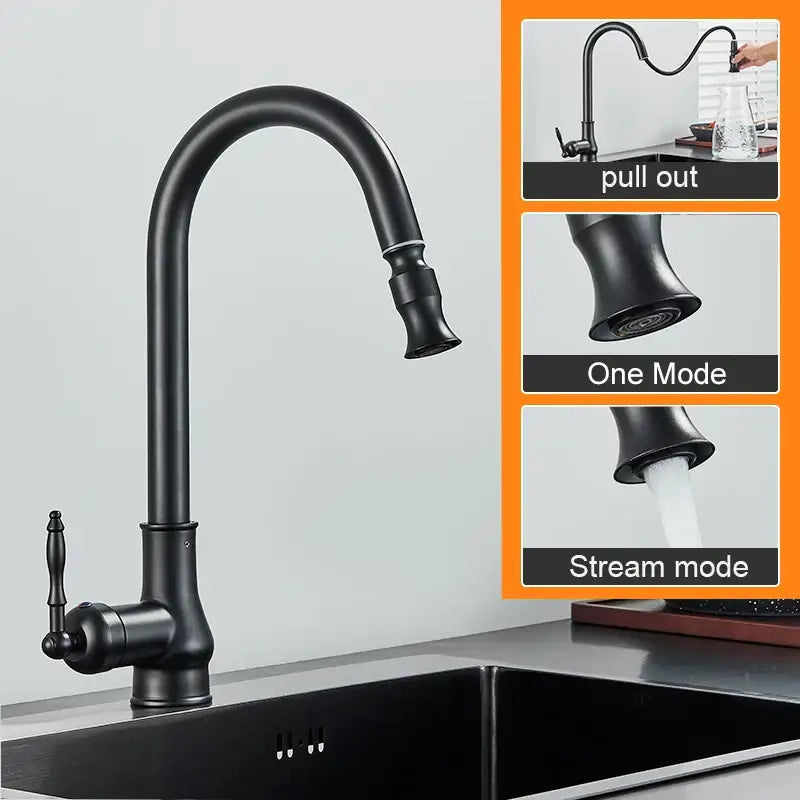 Black matte-finish pull-out kitchen faucet with curved spout and lever handle for use as a brass kitchen faucet option
