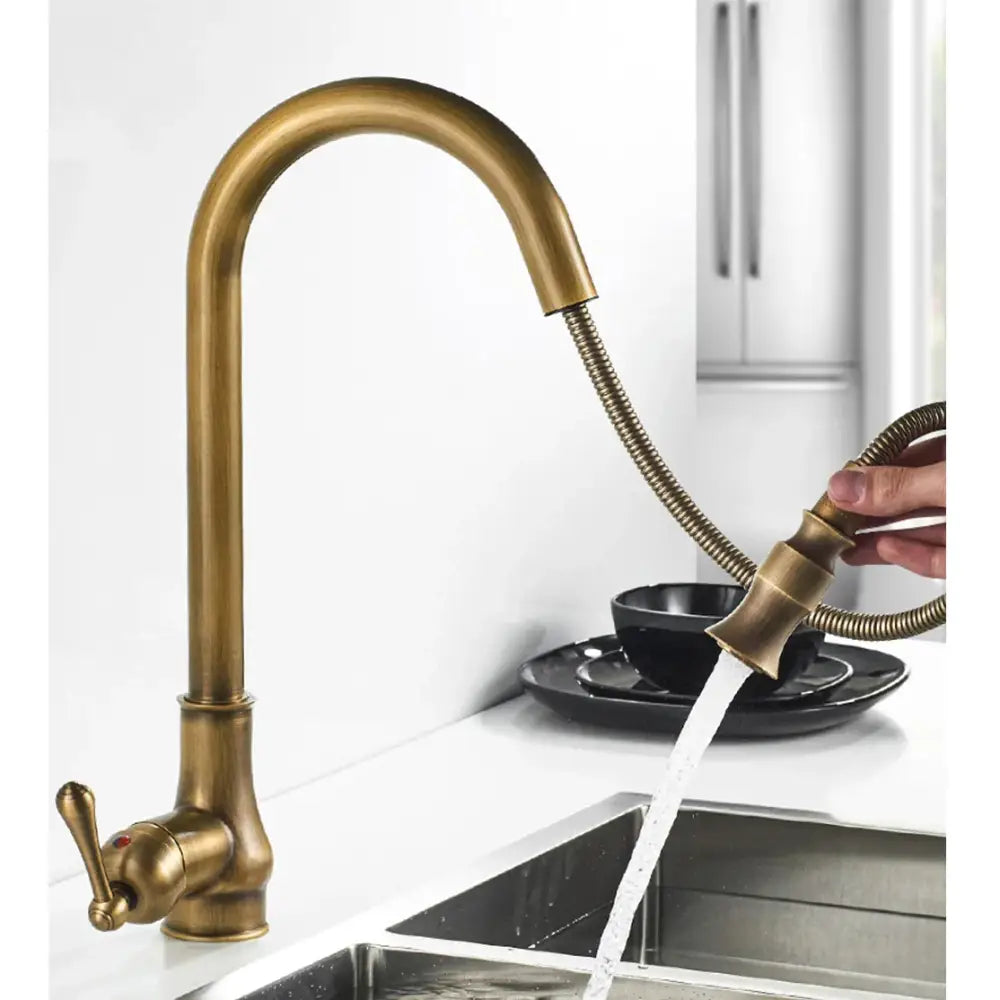 DecorBites antique brass kitchen faucet with pull down swivel spout flexible gooseneck and textured handle brass kitchen faucet