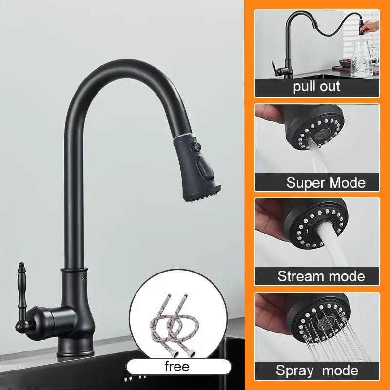 Decorbites antique brass kitchen faucet with swivel pull down spout and black matte curved handle kitchen faucet