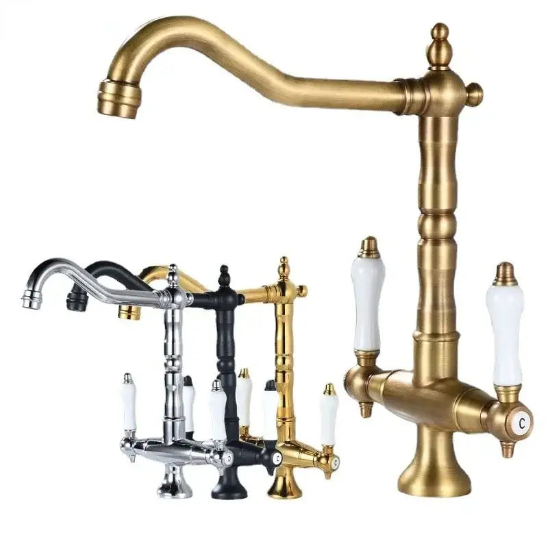 Decorbites antique brass kitchen faucet with dual handles curved spout white ceramic and 360 degree rotation