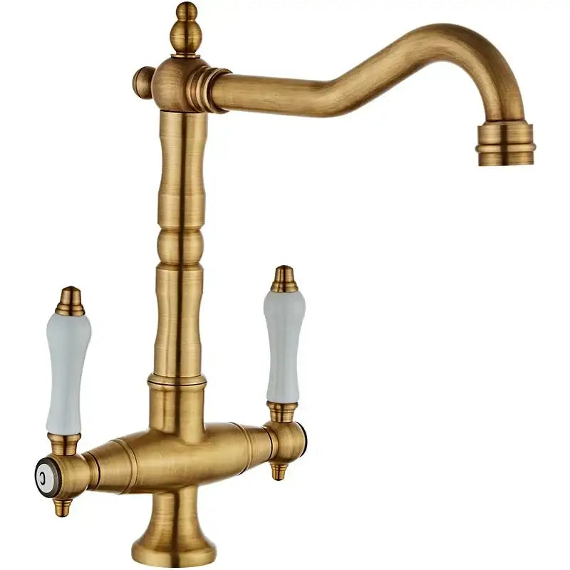 DecorBites antique brass kitchen faucet with dual white ceramic handles and curved spout with 360 degree rotation