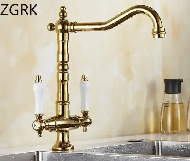 DecorBites antique brass kitchen faucet with dual white ceramic handles brass kitchen faucet with 360 degree rotation