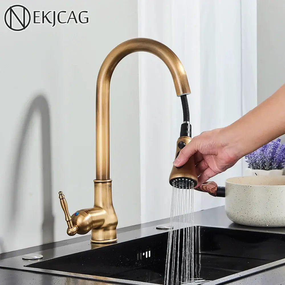 Decorbites antique brass kitchen faucet with pull down spout single handle in brass kitchen faucet finish