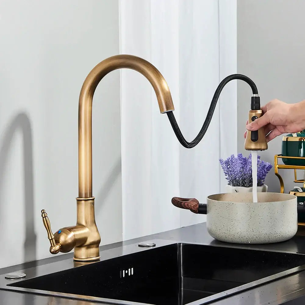 DecorBites antique brass kitchen faucet with pull down spout, single handle, curved spout, and black flexible hose