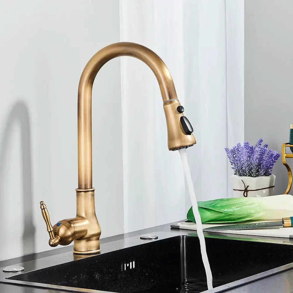 Decorbites antique brass kitchen faucet with pull down spout single handle in antique brass finish and curved design