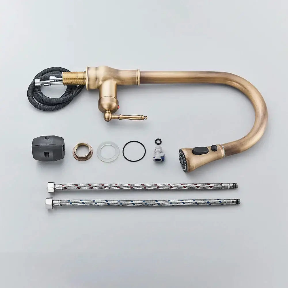 Decorbites antique brass kitchen faucet with pull down spout, curved design, braided hoses, and matching hardware