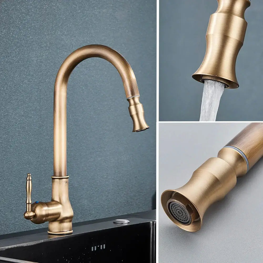 DecorBites antique brass kitchen faucet with brass finish curved pull-down spout and single handle design
