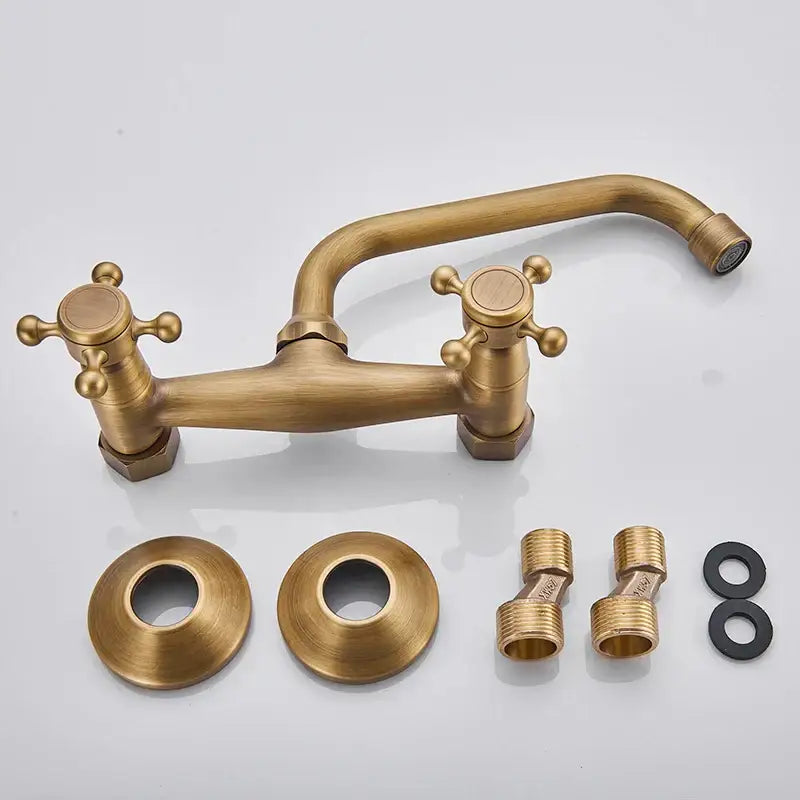 DecorBites antique brass kitchen faucet with double-handle mixer cross knobs and matching brass mounting hardware