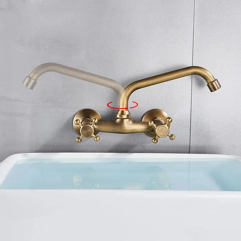 Decorbites antique brass kitchen faucet with swivel spout double handle mixer and ornate cross-shaped handles