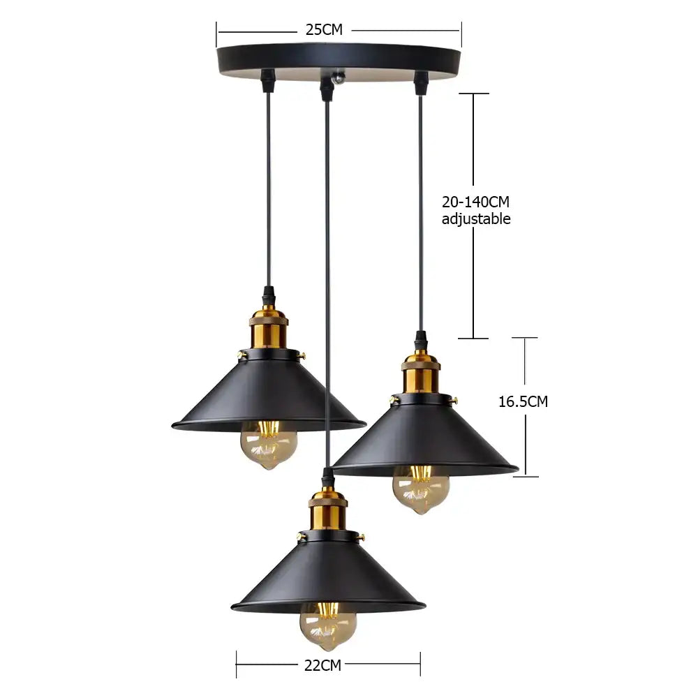 Black industrial pendant light fixture with three conical shades and brass accents for antique brass kitchen use