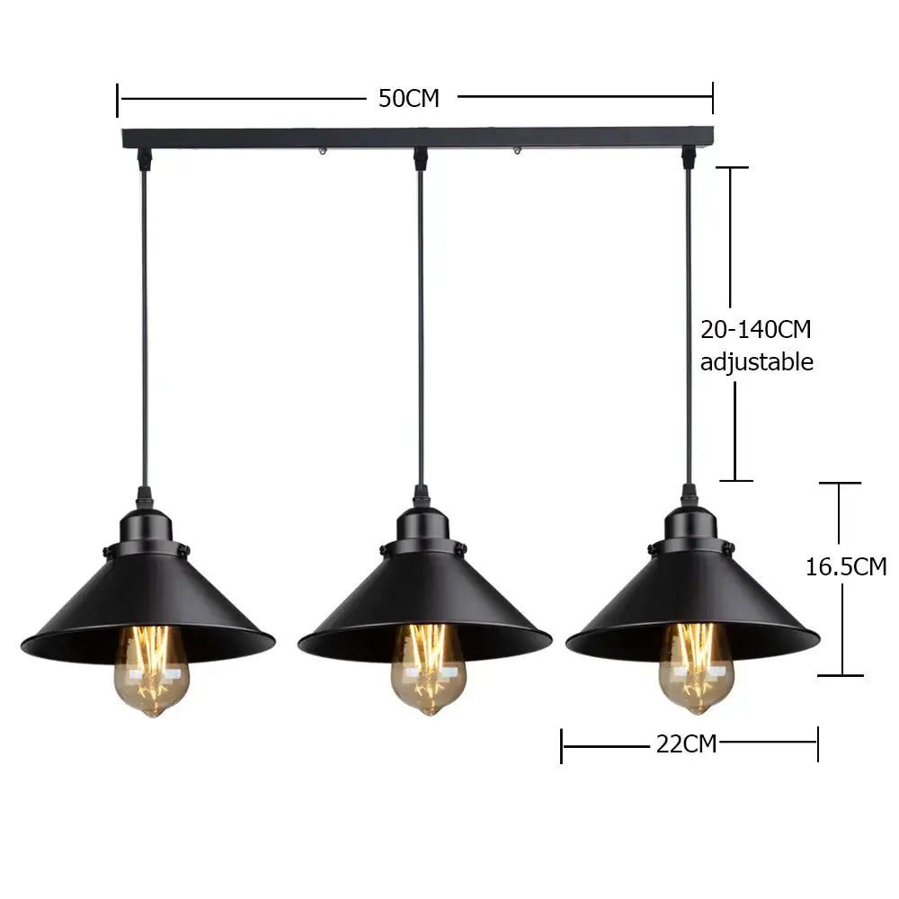 Decorbites antique brass kitchen pendant light with black industrial three conical shades and exposed filament bulbs