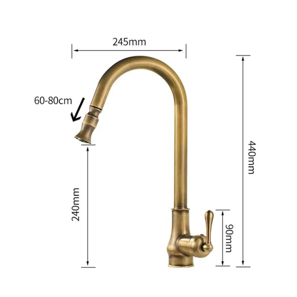 DecorBites antique brass kitchen sink faucet with pull down swivel spout and single lever handle in brass finish