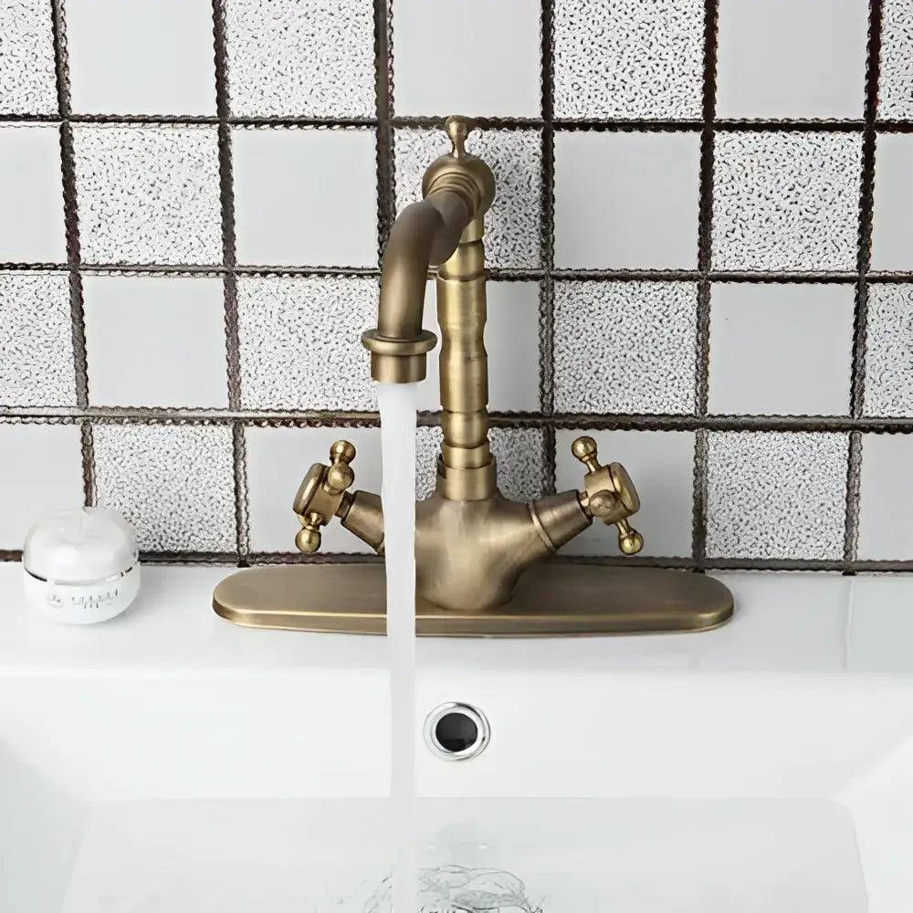DecorBites™ antique brass kitchen tap mixer faucet with double handles and curved spout for sink use