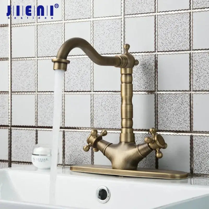DecorBites antique brass kitchen tap mixer faucet with double cross-handle knobs and curved spout for sinks