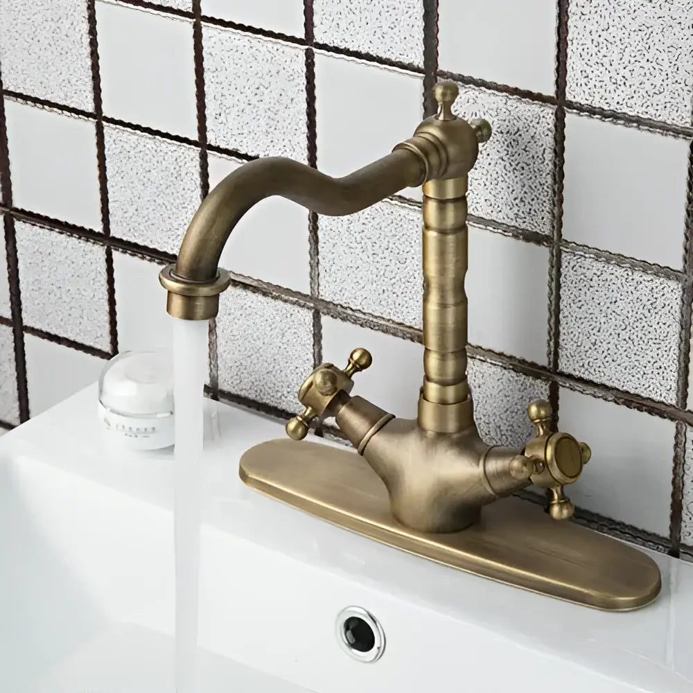 Decorbites antique brass kitchen tap mixer faucet with ornate detailing and double handles for brass kitchen tap use