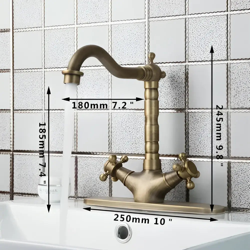 DecorBites antique brass kitchen tap mixer faucet with curved spout and double cross-handle knobs in brass finish