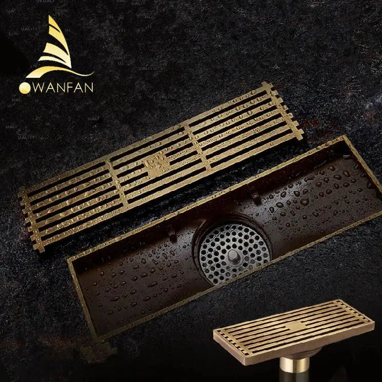 Decorbites antique brass linear floor drain featuring a brass linear shower design with slatted grate and perforated cover