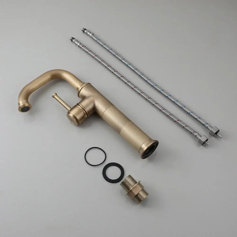 DecorBites antique brass oil rubbed single handle bathroom faucet with curved spout and braided supply hoses deck mount