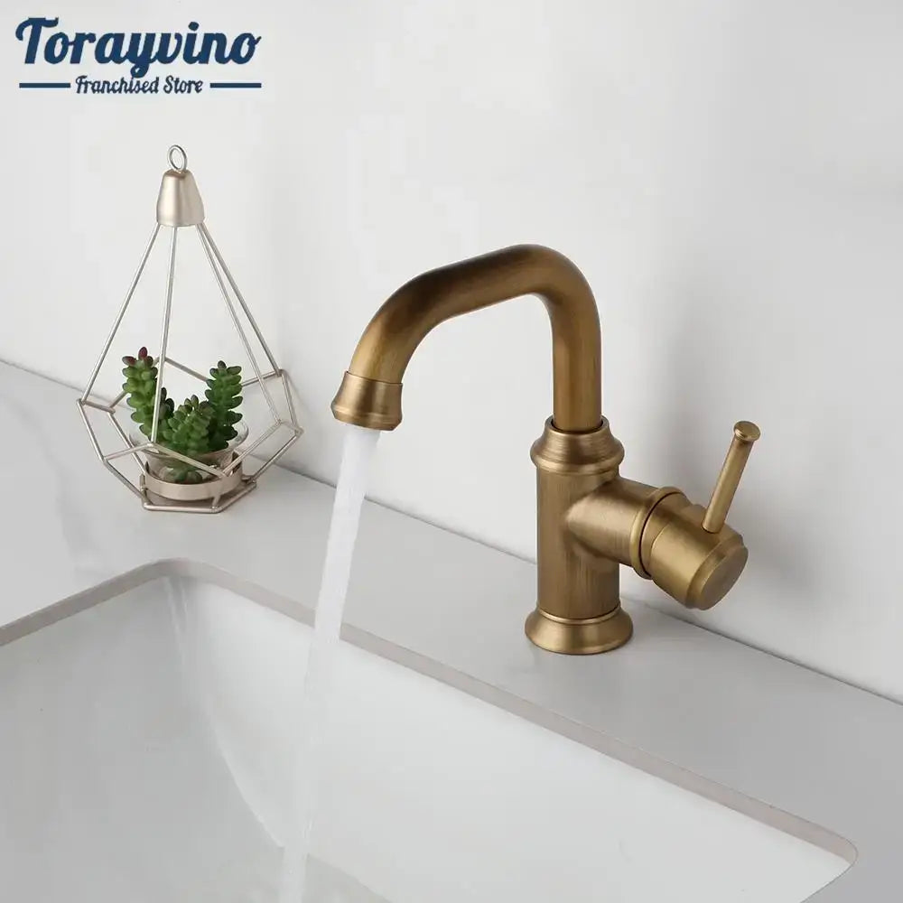 DecorBites™ antique brass oil rubbed bathroom faucet single handle mixer tap with curved spout vintage design