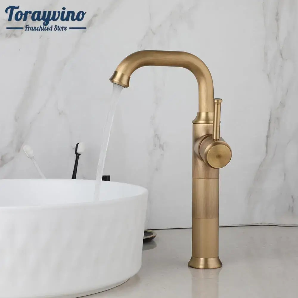 Brass-finished decorbites antique brass oil rubbed single-handle bathroom faucet with curved spout and cylindrical body