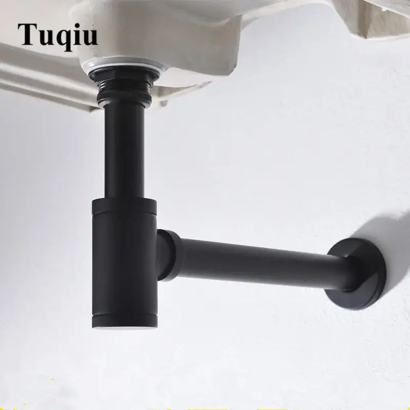 Decorbites™ antique brass bathroom sink drain kit with black matte finish t-shaped p-trap pipe and wall bracket