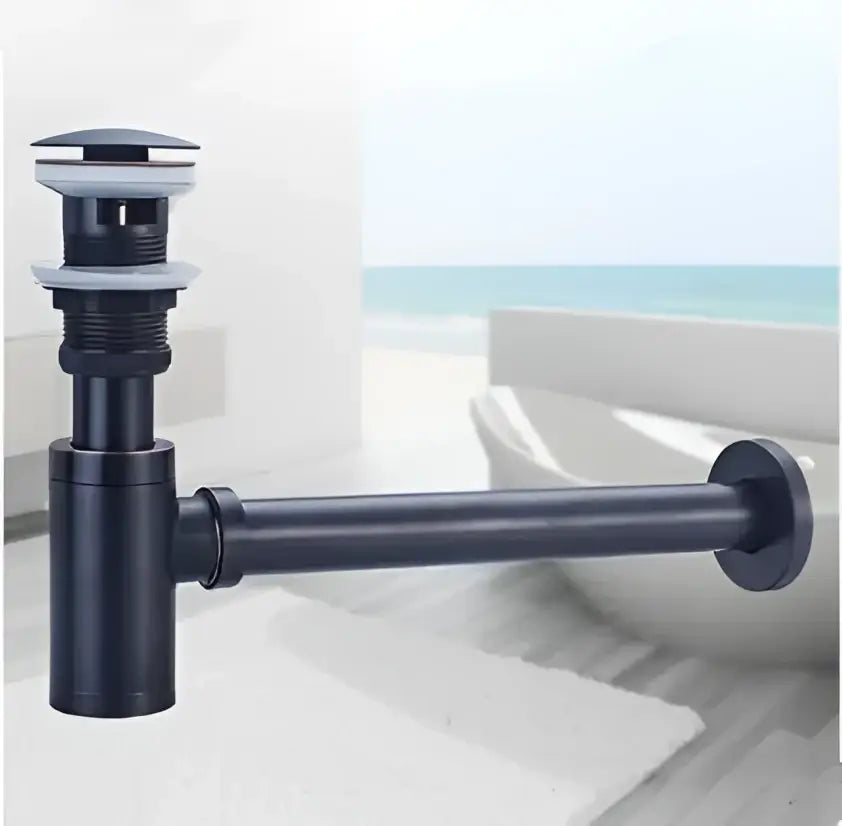 DecorBites™ bathroom sink drain kit with black matte finish and silver-toned pop-up in antique brass design