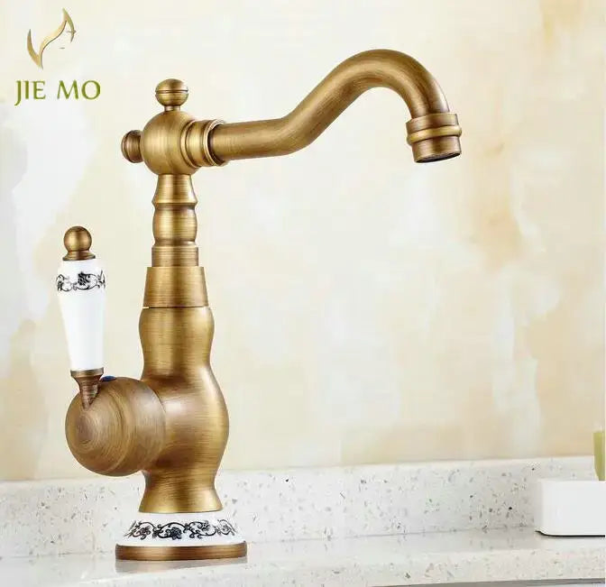 Decorbites antique brass porcelain basin mixer kitchen faucet with curved spout and decorative black and white accents