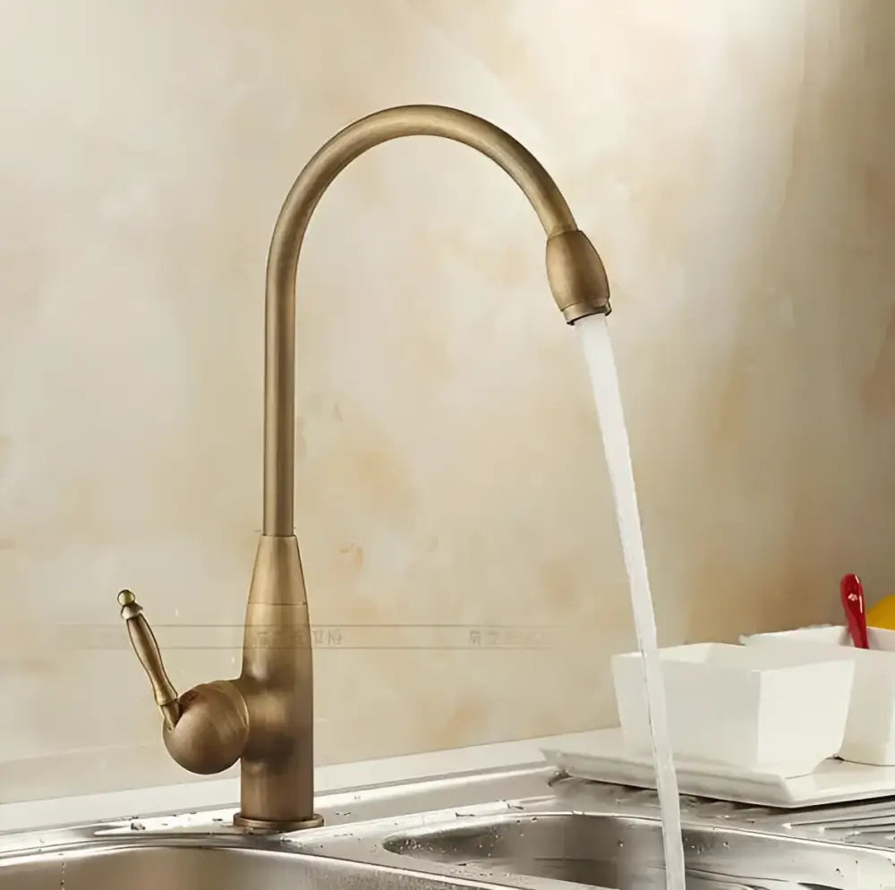 Decorbites antique brass porcelain basin mixer kitchen faucet with curved spout single lever handle and 360 degree swivel